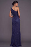 Glitter Navy One Shoulder Ruched Mermaid Maxi Formal Dress with Slit
