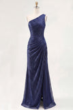 Glitter Navy One Shoulder Ruched Mermaid Maxi Formal Dress with Slit