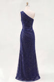 Glitter Navy One Shoulder Ruched Mermaid Maxi Formal Dress with Slit