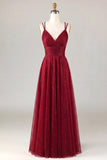 Burgundy A Line Spaghetti Straps Long Formal Dress