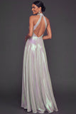 Glitter White Halter A Line Keyhole Maxi Formal Dress with Slit