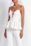 2 Piece White Sweetheart Long Wedding Pant Suits with Ruffles