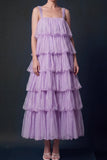 A Line Lilac Tiered Sparkly Long Formal Dress