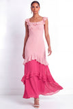 Fuchsia A Line Ruffled Tiered Square Neck Long Formal Dress
