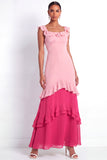 Fuchsia A Line Ruffled Tiered Square Neck Long Formal Dress