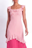 Fuchsia A Line Ruffled Tiered Square Neck Long Formal Dress