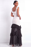 White and Black A Line Floral Lace Tiered Long Formal Dress