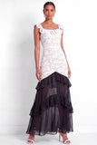 White and Black A Line Floral Lace Tiered Long Formal Dress