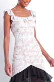 White and Black A Line Floral Lace Tiered Long Formal Dress