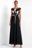 A Line Black Floral Off the Shoulder Long Formal Dress