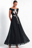 A Line Black Floral Off the Shoulder Long Formal Dress