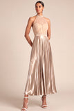 Halter Neck Champagne A Line Long Formal Dress