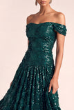 Sparkly Dark Green A Line Floral Long Formal Dress