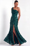Pink Floral One Shoulder Sparkly Sequined Long Formal Dress with Slit