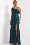 Pink Floral One Shoulder Sparkly Sequined Long Formal Dress with Slit