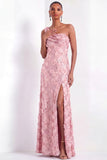 Pink Floral One Shoulder Sparkly Sequined Long Formal Dress with Slit