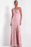 Pink Floral One Shoulder Sparkly Sequined Long Formal Dress with Slit