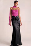 Fuchsia Mermaid Ruched Corset Long Basque Waist Formal Dress