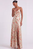 Sparkly Floral A Line Ivory Long Formal Dress with Slit
