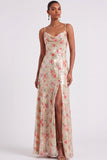 Sparkly Floral A Line Ivory Long Formal Dress with Slit