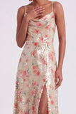 Sparkly Floral A Line Ivory Long Formal Dress with Slit
