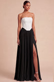 Fuchsia and Pink Pleated A Line Strapless Long Formal Dress with Slit