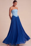 Fuchsia and Pink Pleated A Line Strapless Long Formal Dress with Slit
