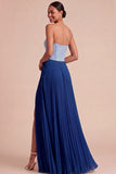 Fuchsia and Pink Pleated A Line Strapless Long Formal Dress with Slit