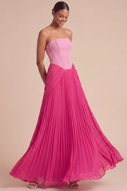 Fuchsia and Pink Pleated A Line Strapless Long Formal Dress with Slit