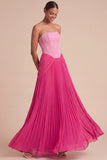 Leely Women Fuchsia and Pink Pleated A Line Long Formal Dress with Slit Basque Waist Backless Strapless Sleeveless Garden Party Dress