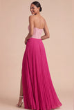 Fuchsia and Pink Pleated A Line Strapless Long Formal Dress with Slit