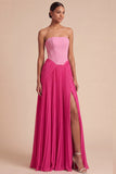Fuchsia and Pink Pleated A Line Strapless Long Formal Dress with Slit