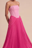 Fuchsia and Pink Pleated A Line Strapless Long Formal Dress with Slit