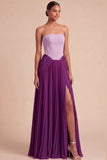 Fuchsia and Pink Pleated A Line Strapless Long Formal Dress with Slit