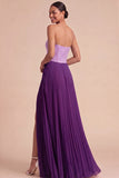Fuchsia and Pink Pleated A Line Strapless Long Formal Dress with Slit