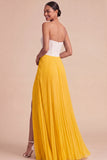 Fuchsia and Pink Pleated A Line Strapless Long Formal Dress with Slit