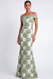 Green Mermaid Floral Appliqued Long Formal Dress