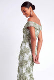 Green Mermaid Floral Appliqued Long Formal Dress