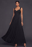 Black A Line Thick Straps Pleated Long Formal Dress