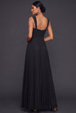 Black A Line Thick Straps Pleated Long Formal Dress