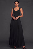 Black A Line Thick Straps Pleated Long Formal Dress