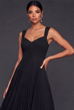 Black A Line Thick Straps Pleated Long Formal Dress