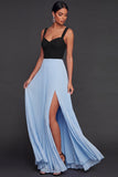 Pleated Black and Blue A Line Long Formal Dress with Slit