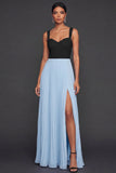 Pleated Black and Blue A Line Long Formal Dress with Slit