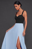 Pleated Black and Blue A Line Long Formal Dress with Slit