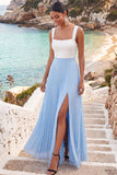 Pleated Black and Blue A Line Long Formal Dress with Slit