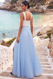 Pleated Black and Blue A Line Long Formal Dress with Slit
