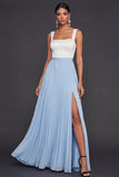 Pleated Black and Blue A Line Long Formal Dress with Slit