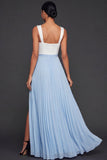 Pleated Black and Blue A Line Long Formal Dress with Slit