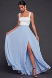 Pleated Black and Blue A Line Long Formal Dress with Slit